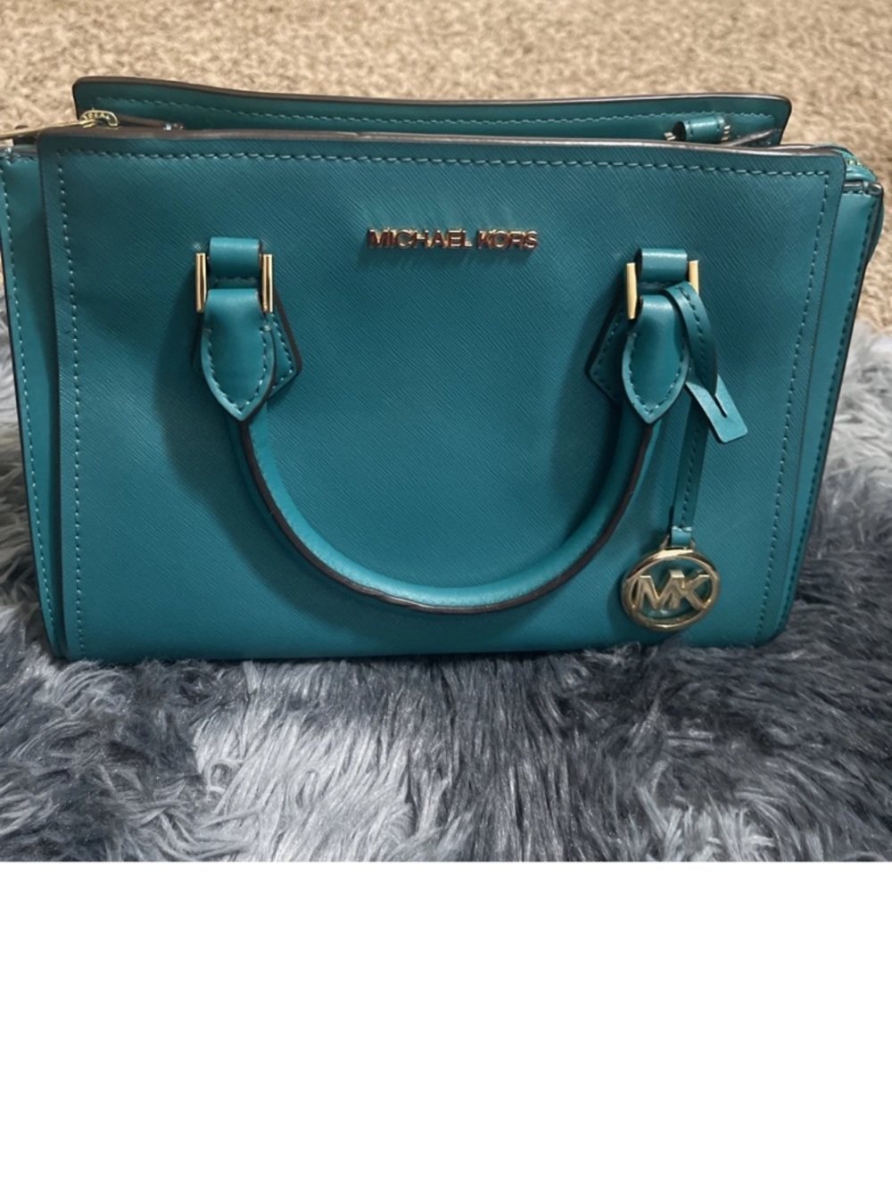 Michael Kors Turquoise Saffiano Leather Satchel with Gold Hardware